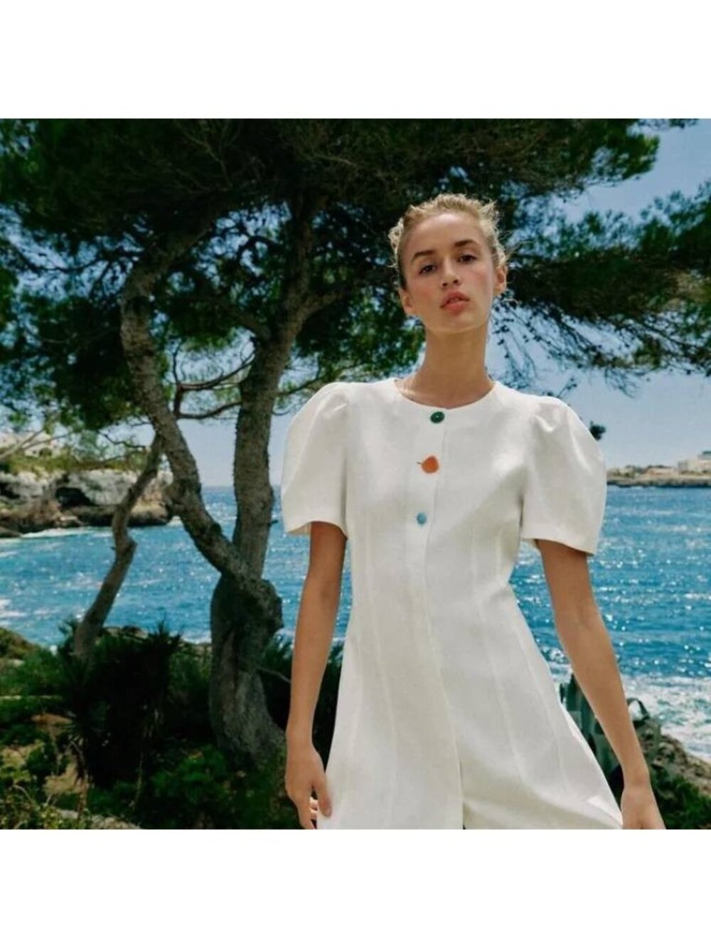 Zara White Puff Sleeve Mini Dress Women XL Button Front Round Neck 2546/393 NWT